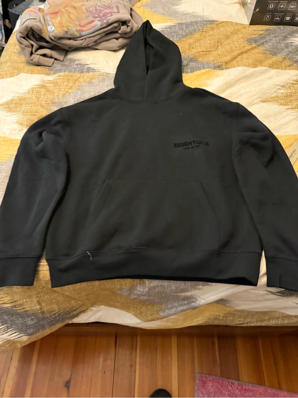 ESSENTIALS Black Fleece Hoodie with Subtle Logo Size S